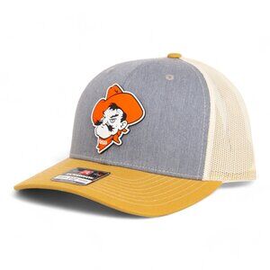 OSU Cowboys Pistol Pete Snapback Trucker Hat- Heather Grey/ Birch/ Amber Gold